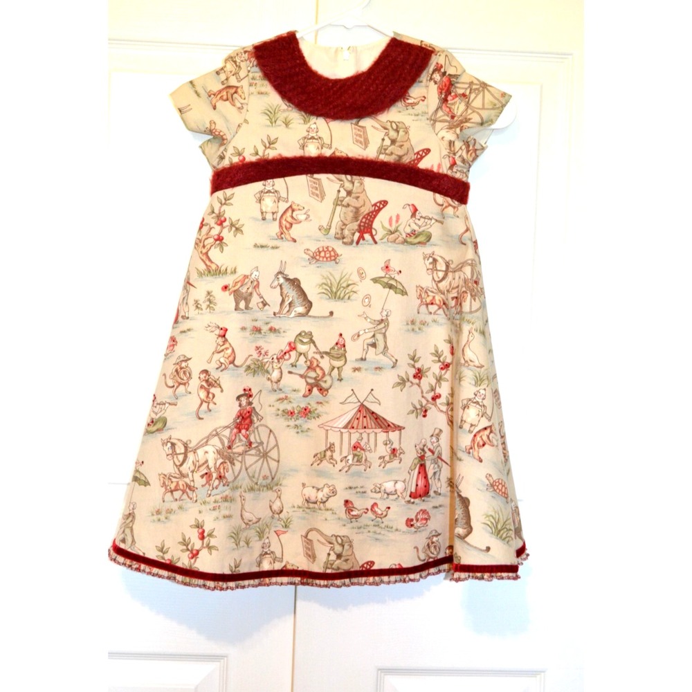 Vintage Trish Scully‎ Whimsical Print Girls Size 4  A-Line Cream Dress Animals